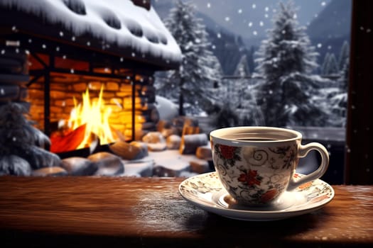 A steaming cup of coffee sits on a wood surface beside a glowing fireplace, with snow-covered trees in the background.