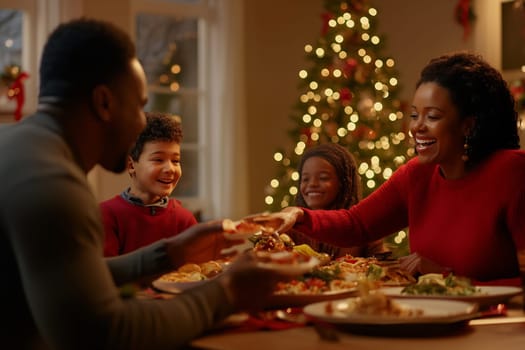 A family enjoys a festive holiday dinner, sharing laughter and food while surrounded by a beautifully decorated Christmas tree.