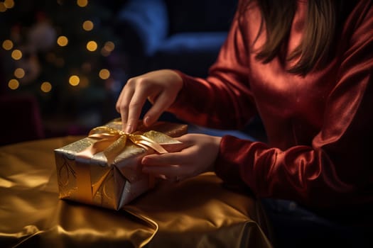 A person meticulously wraps a shimmering Christmas present, surrounded by warm festive lights and a cozy atmosphere.