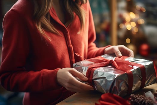 Someone carefully wraps a beautifully detailed gift with silver paper and a vibrant red ribbon amid a cozy holiday atmosphere.