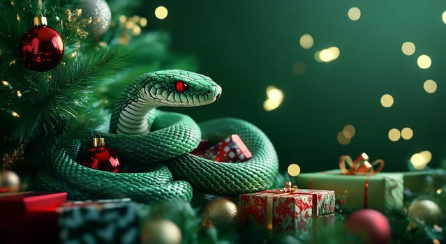 A green snake is elegantly wrapped around colorful presents and ornaments, creating a unique holiday atmosphere.