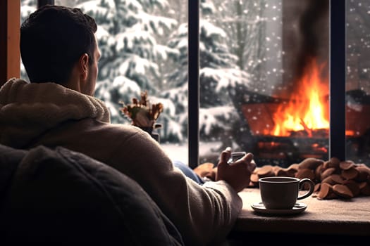 A person relaxes by a crackling fire, sipping a warm drink while snow blankets the landscape outside the window.