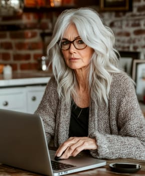An elderly woman using a laptop computer AI generative.