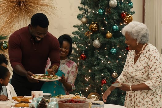 Loved ones come together to celebrate the holidays, enjoying a meal filled with joy and togetherness at a decorated table.