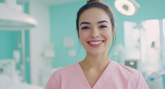 A cheerful healthcare worker wearing scrubs stands in a vibrant medical environment, showcasing a welcoming attitude towards patients.