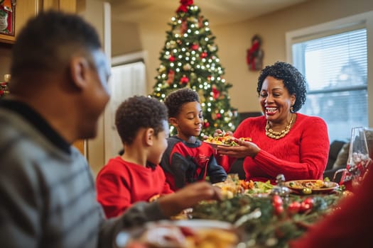 A group of family members shares a joyful holiday meal together, surrounded by decorations and a glowing Christmas tree.