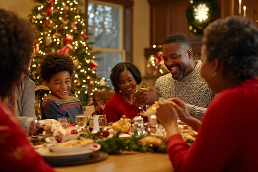 A joyful family shares a holiday meal at a cozy dining table, surrounded by decorations and a beautifully lit Christmas tree.