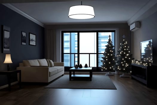 A stylish living room features a Christmas tree with lights and a warm ambiance created by soft lighting and modern d cor.