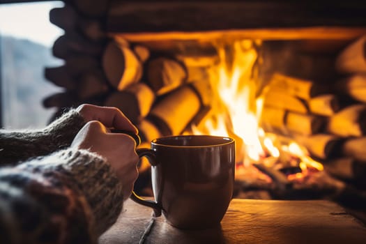 Enjoying a hot drink while sitting by the fire in a cozy cabin, surrounded by logs and a warm atmosphere during winter.