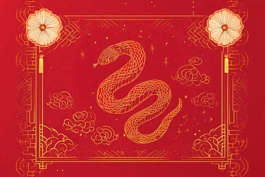 A golden snake slithers gracefully through stylized clouds and flowers on a rich red backdrop, representing abundance and good fortune.