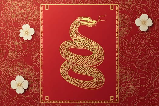 A striking illustration features a golden serpent curled against a vibrant red backdrop, adorned with elegant floral designs.