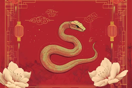 A golden snake coils gracefully amidst vibrant flowers and lanterns, symbolizing good luck and wealth in a rich red setting.