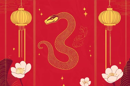 A striking red backdrop features a golden snake intertwined with lanterns and flowers, symbolizing the Lunar New Year festivities.