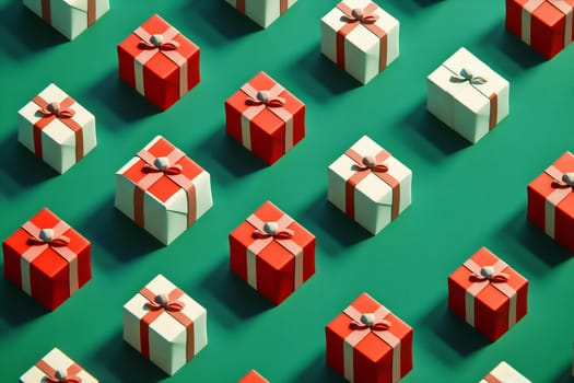 Numerous neatly arranged wrapped gifts in red and white, creating a visually appealing and festive display on a green background.