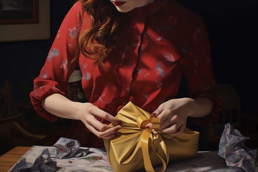 A woman dressed in red focuses intently on unwrapping a gift at a cozy, seasonal gathering while soft lighting enhances the atmosphere.
