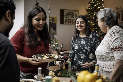 A woman serves a plate of assorted homemade desserts to smiling family members in a warmly decorated room filled with holiday cheer.