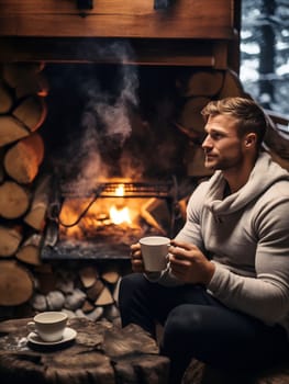 A man sits comfortably in a cabin, sipping coffee by a crackling fireplace, surrounded by stacked logs on a chilly winter evening.