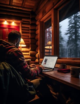 A person sits at a wooden desk, focused on their laptop, while warm light fills a cozy cabin with a forest view.
