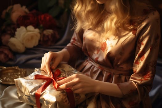 Delicate hands tie a red ribbon around a beautifully wrapped gift, adorned with flowers and soft lighting.