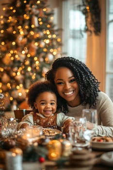 A joyful mother and her cheerful daughter share a festive moment at a beautifully set dining table, surrounded by holiday decorations.