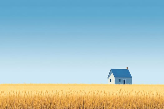 A blue house is positioned alone in expansive golden wheat fields, reflecting calmness under a tranquil blue sky.