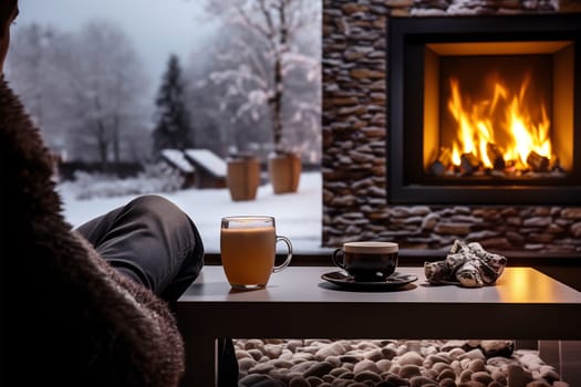 Enjoying a warm drink by the fireplace while watching the snow fall in a tranquil winter setting