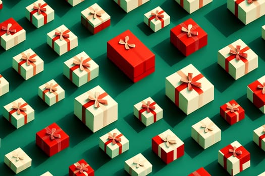 Various sizes of decorative wrapped presents with bows are organized in a vivid display, creating a festive holiday atmosphere.