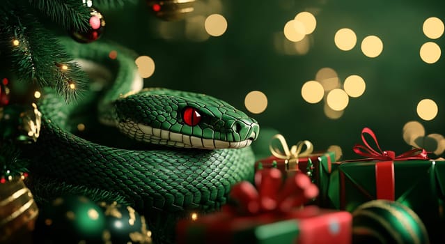 The green snake is coiled near beautifully wrapped gifts, surrounded by twinkling lights, adding a unique charm to the holiday atmosphere.