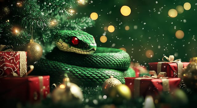 A green snake curls around colorful gifts and golden ornaments beneath a decorated Christmas tree with snowflakes gently falling.