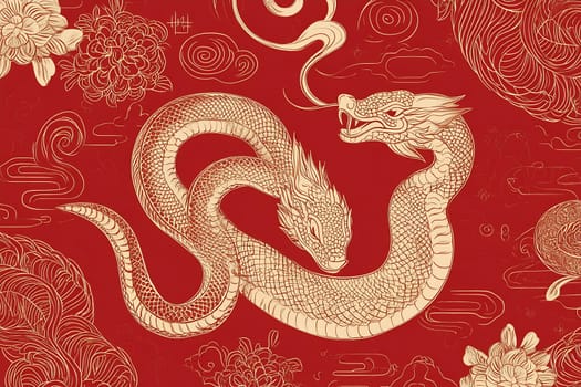 This artwork features a two-headed dragon coiling through stylized clouds on a vibrant red backdrop, symbolizing strength and power.