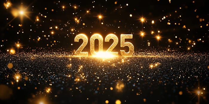 Golden numbers representing the year 2025 sparkle brightly against a dark background, creating a festive atmosphere for the new year's arrival.