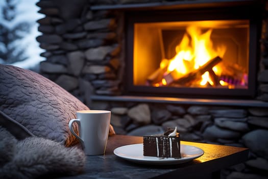 A warm beverage and chocolate cake sit on a table beside a flickering fireplace, creating a cozy atmosphere perfect for winter evenings.