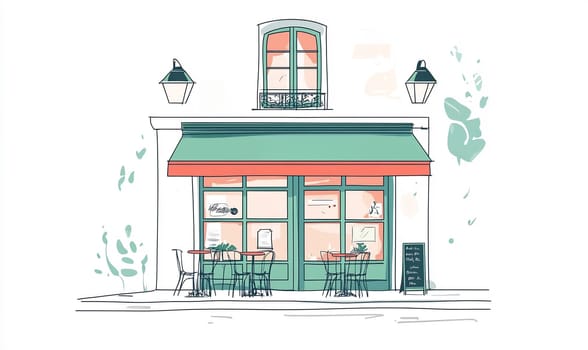 A quaint caf features outdoor seating under a vibrant awning, surrounded by greenery on a bright, sunny day.
