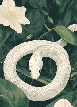 A white snake twists gracefully through vibrant green foliage and delicate blooms, creating a tranquil atmosphere.