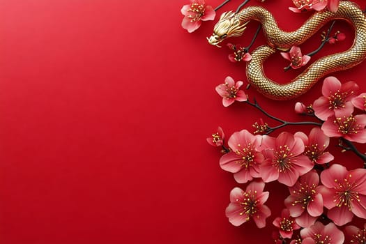 A golden dragon weaves among pink cherry blossoms against a striking red backdrop, symbolizing fortune and renewal in spring.