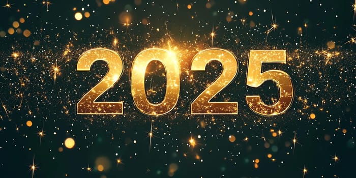 The year 2025 is depicted in shimmering gold with sparkling lights, symbolizing a joyful New Year celebration.