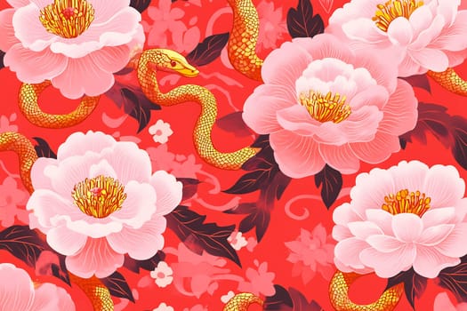 A striking design featuring pink peonies intertwined with a golden snake, set against a lively red backdrop.