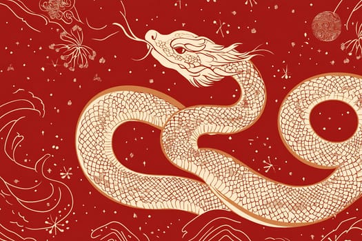 An intricate design features a golden dragon coiling against a vivid red backdrop, complemented by delicate floral motifs and symbols.