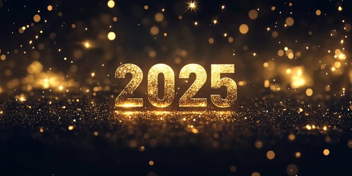 The vibrant display showcases the year 2025 in golden letters surrounded by twinkling lights and glittering confetti, perfect for celebrations.