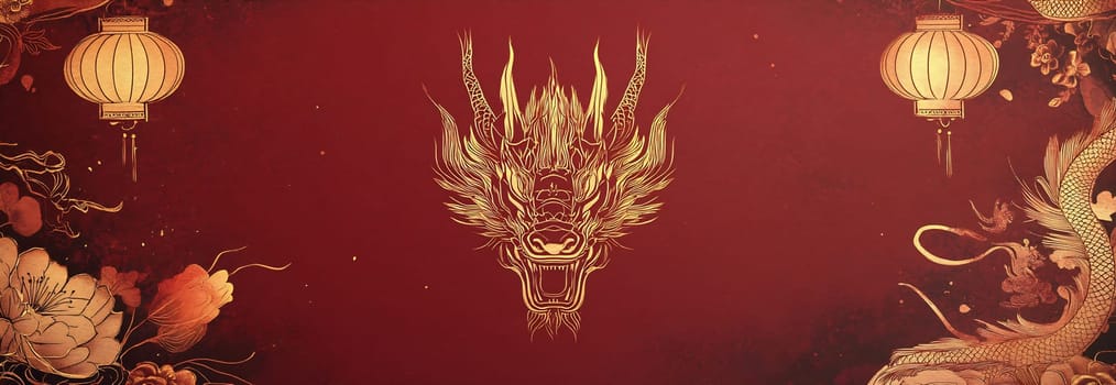 Gleaming golden dragon depicted with lanterns and floral designs sets a vibrant tone for a cultural celebration.