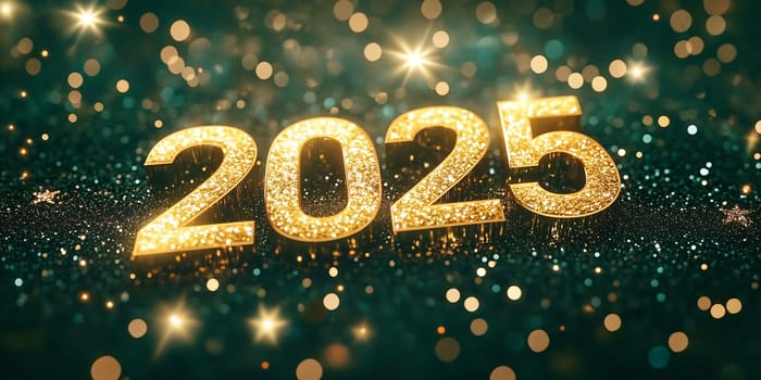 Shimmering golden numbers representing 2025 illuminated by sparks and glitter, symbolizing New Year's festivities.