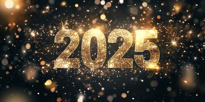 The sparkling representation of the year 2025 is illuminated with golden lights, creating a festive atmosphere for celebrations.