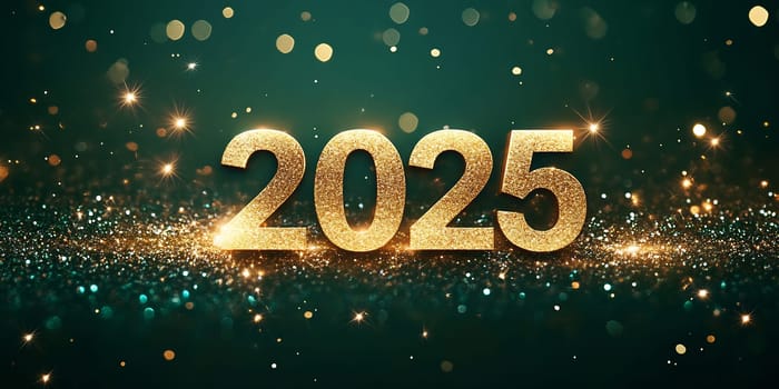 The display features the year 2025 in golden letters, over a sparkling green backdrop that radiates festive energy.