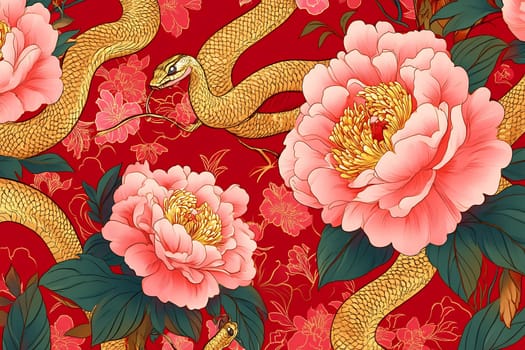 A striking design showcases blooming peonies intertwined with golden serpents against a bold red backdrop, creating a vibrant visual effect.