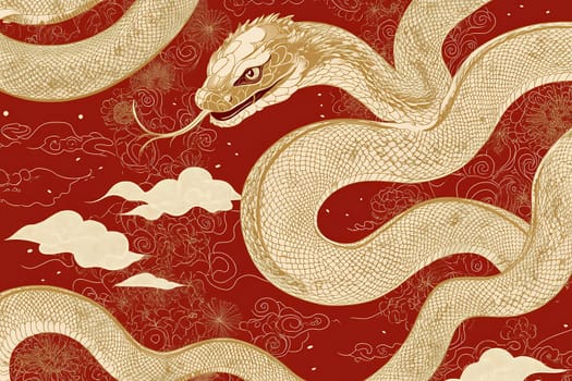 A majestic golden dragon entwines itself through swirling clouds against a rich red backdrop, showcasing intricate designs and textures.