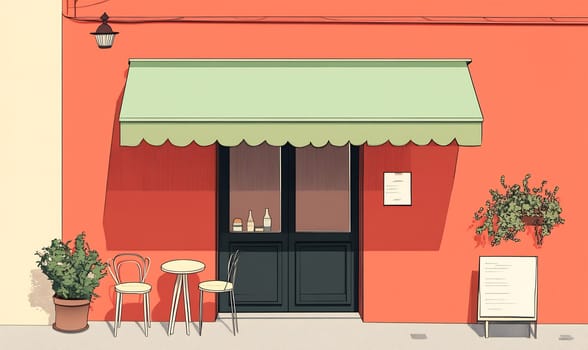 The caf features a colorful fa ade with a green awning, outdoor seating, and plants, creating an inviting atmosphere on a sunny day.