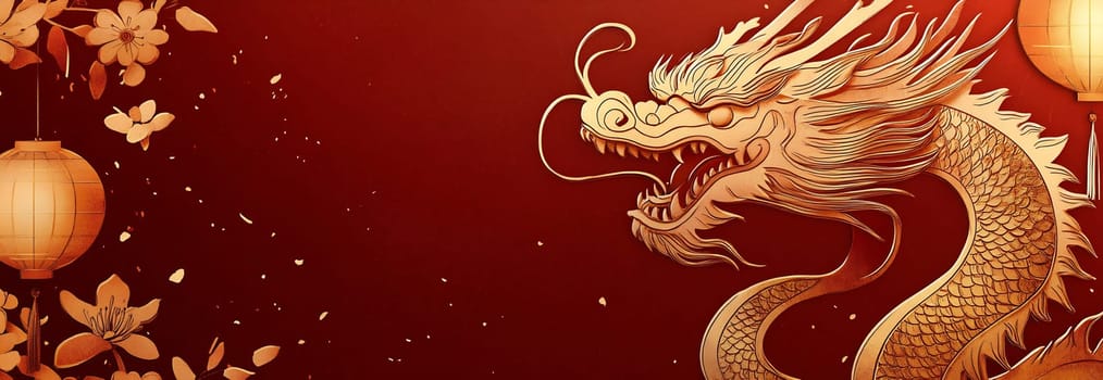 The artwork features a powerful golden dragon winding through a backdrop of red, highlighted by lanterns and delicate flowers.