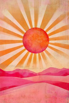 A stunning sunset casts vibrant orange hues over rolling pink hills, creating a serene and artistic atmosphere.