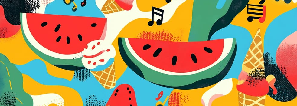 A lively design showcases watermelon slices, ice cream cones, and musical notes set against a bright and colorful background.