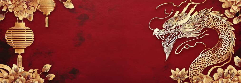 A majestic golden dragon is artistically presented alongside traditional lanterns and flowers on a vibrant red background.